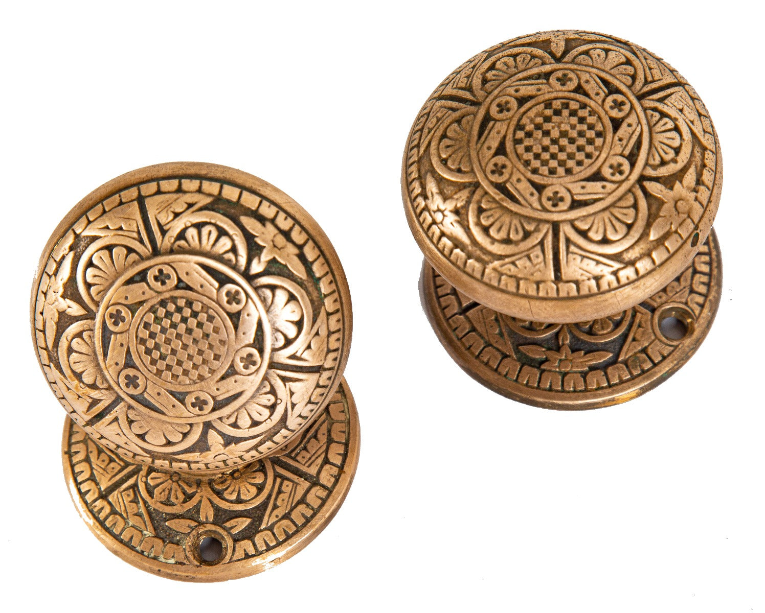 matching set of 1880s antique american salvaged new york city passage door cast brass doorknobs and rosettes