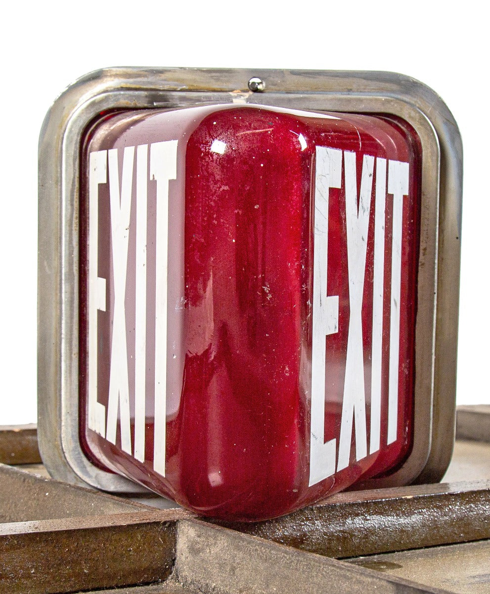 original double-sided ruby red kopp depression-era salvaged chicago illuminated exit light with intact aluminum fitter