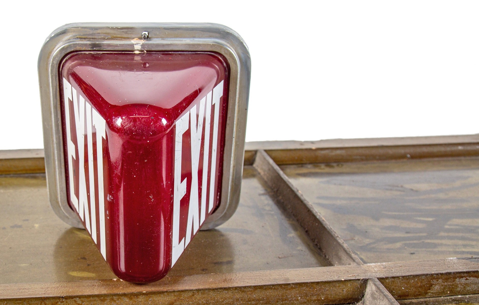 original double-sided ruby red kopp depression-era salvaged chicago illuminated exit light with intact aluminum fitter