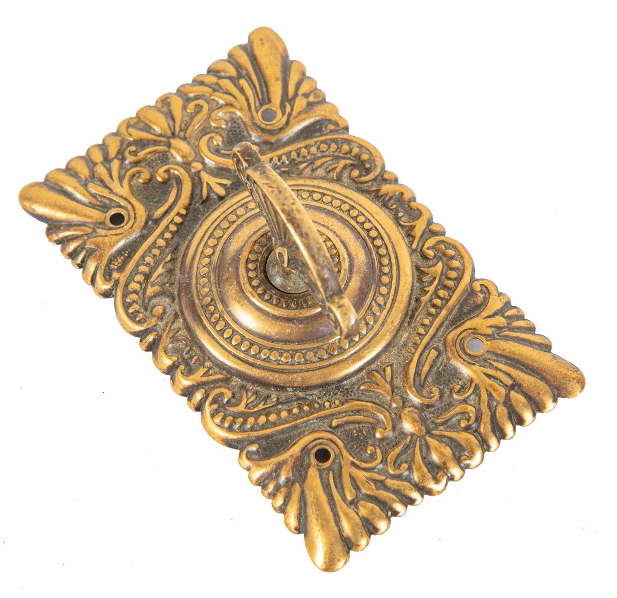 early 20th century stamped brass late victorian-era flush mount entrance door bell thumbtwist with backplate