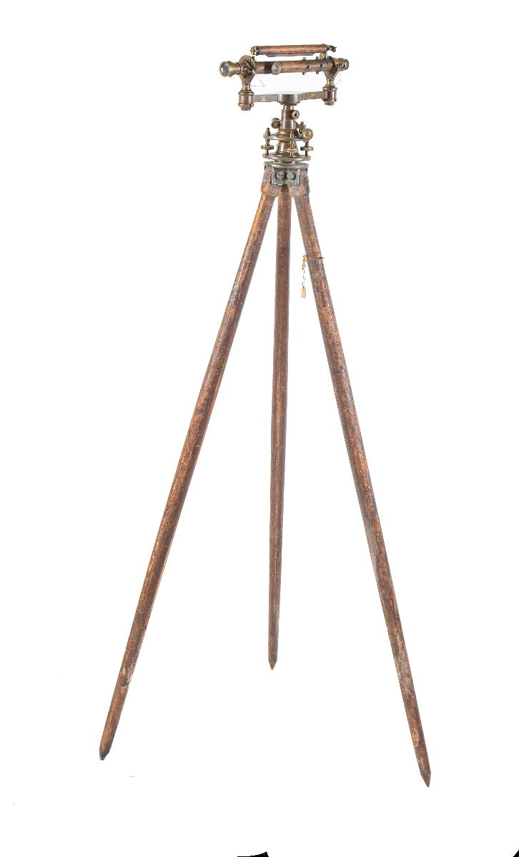 rare 19th century antique american engineer's cast brass transit surveyor instrument with original three-legged tripod