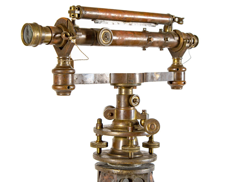 rare 19th century antique american engineer's cast brass transit surveyor instrument with original three-legged tripod