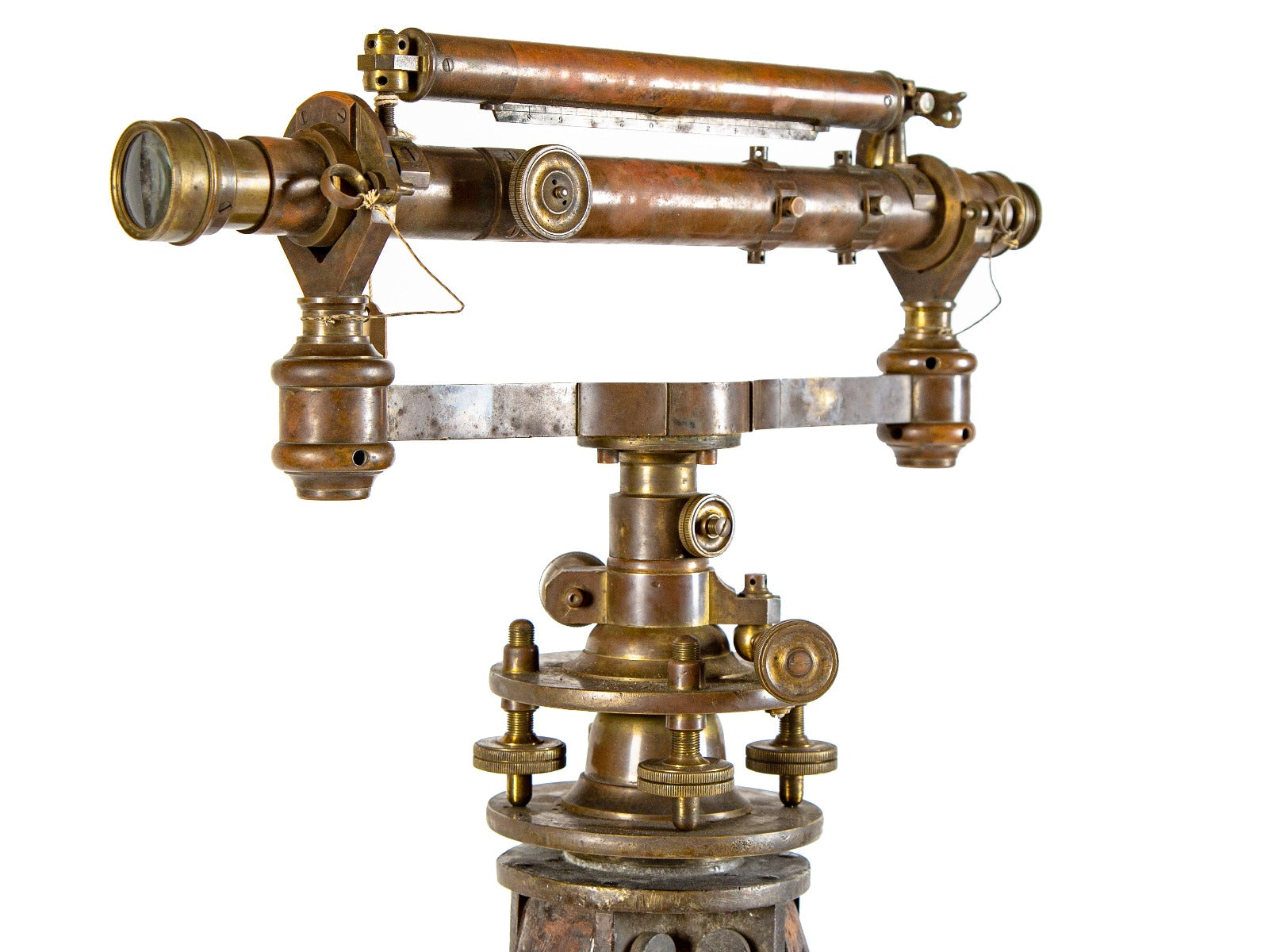 rare 19th century antique american engineer's cast brass transit surveyor instrument with original three-legged tripod