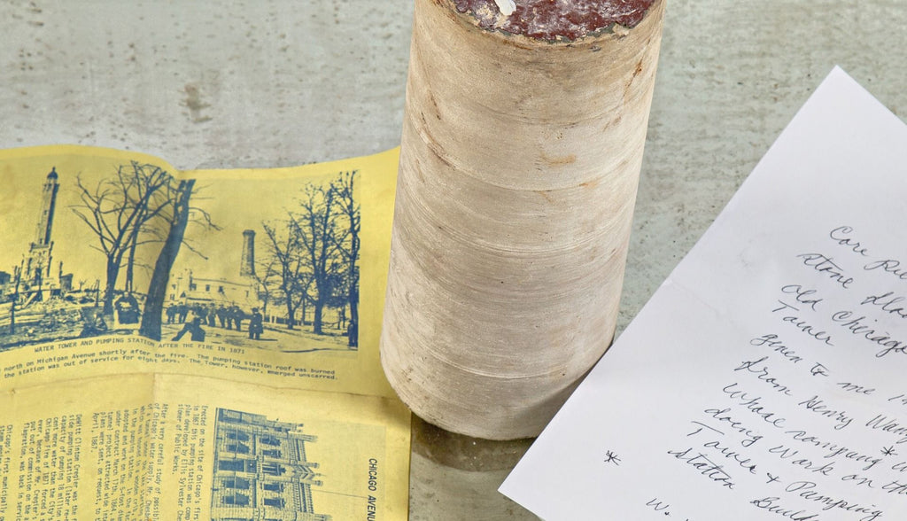 important 1868-69 lemont limestone "core" sample removed from the floor of chicago's iconic water tower designed by william w. boyington