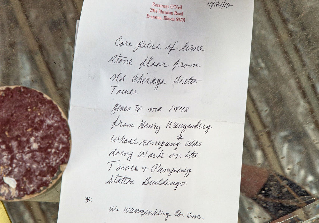 important 1868-69 lemont limestone "core" sample removed from the floor of chicago's iconic water tower designed by william w. boyington