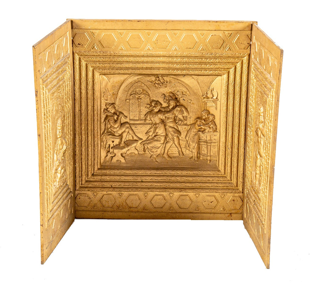 remarkable original 19th century ornamental cast iron three-piece medieval-themed detroit mansion fireplace fireback