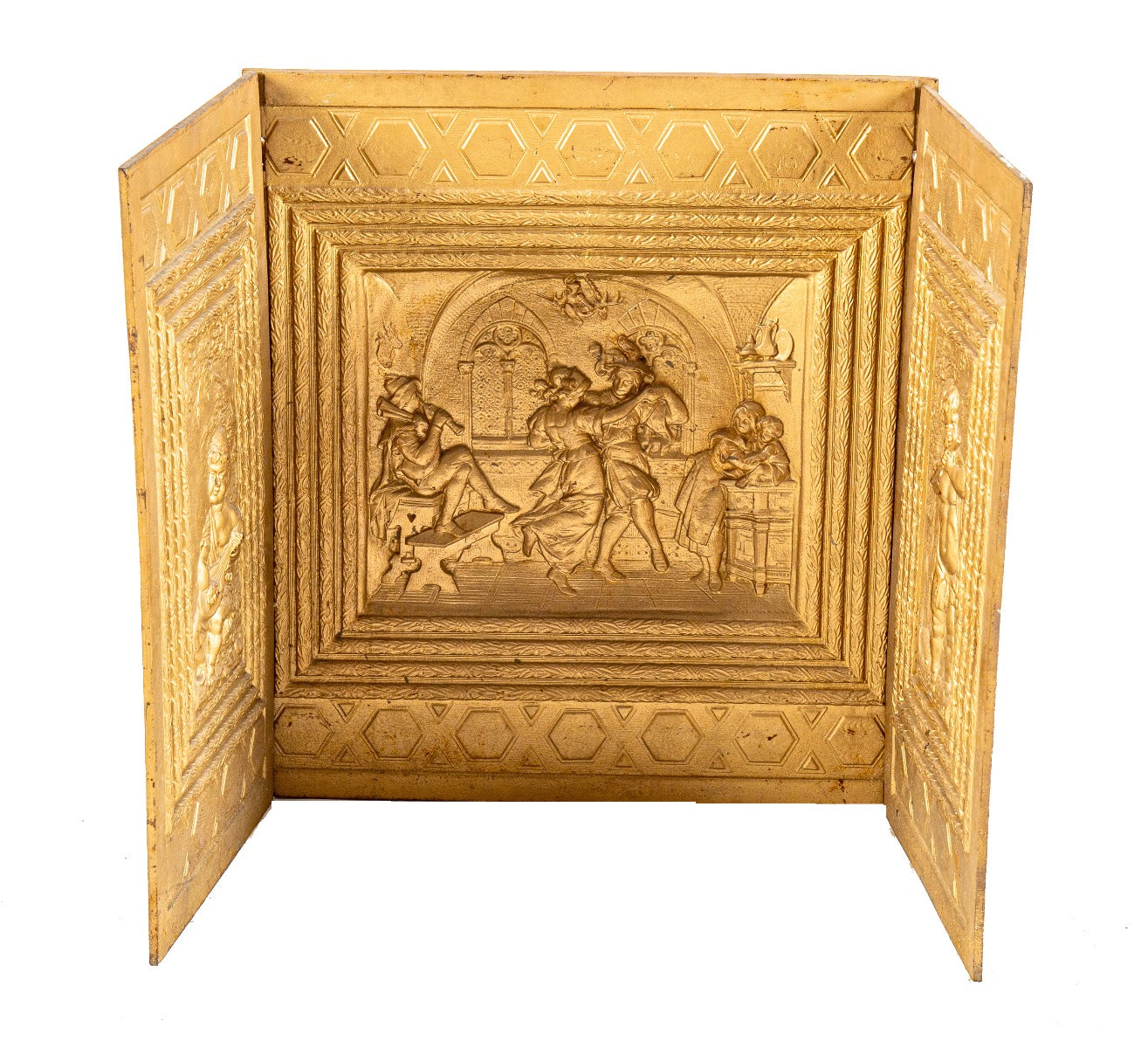remarkable original 19th century ornamental cast iron three-piece medieval-themed detroit mansion fireplace fireback