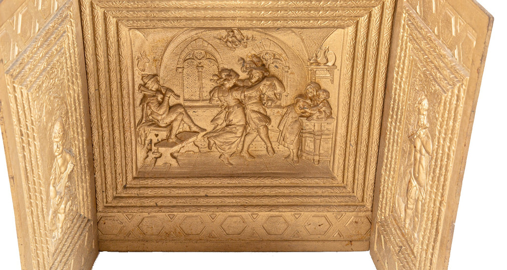 remarkable original 19th century ornamental cast iron three-piece medieval-themed detroit mansion fireplace fireback