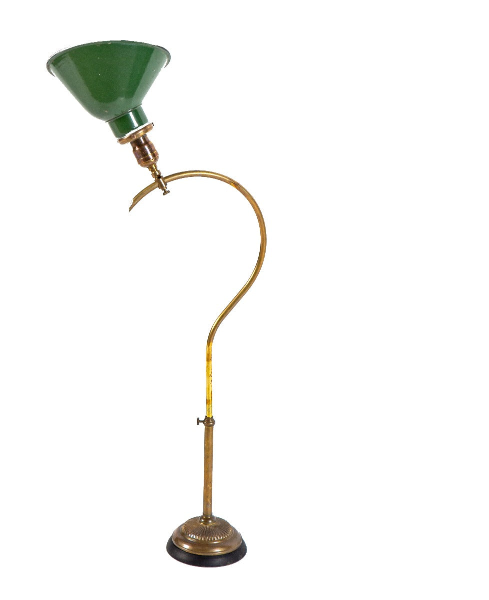 all original early 20th century fully adjustable tubular brass c-arm faries office desk lamp rewired with braided cloth cord