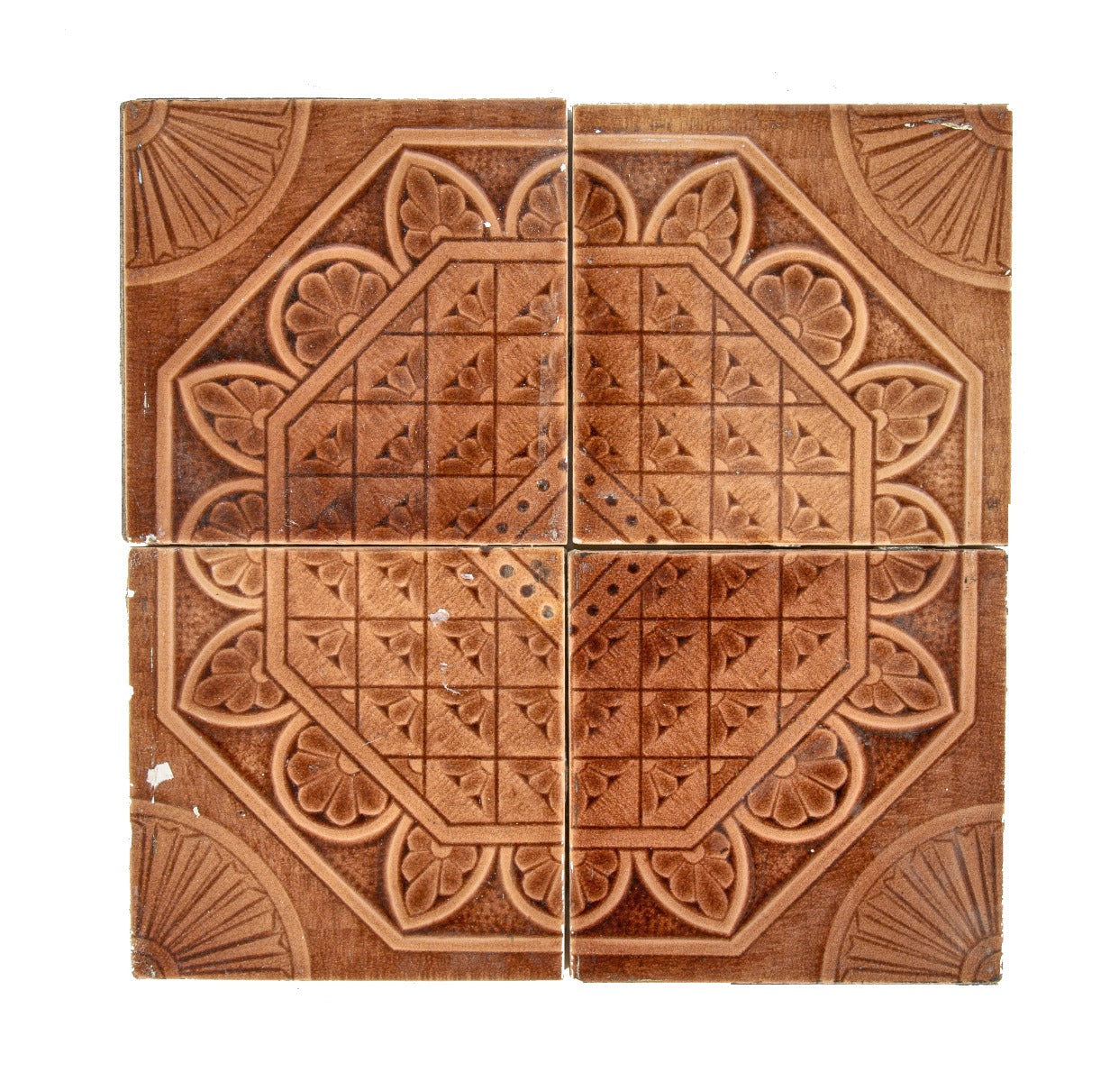 one of three matching 19th century antique american butterscotch-colored majolica glazed tile sets
