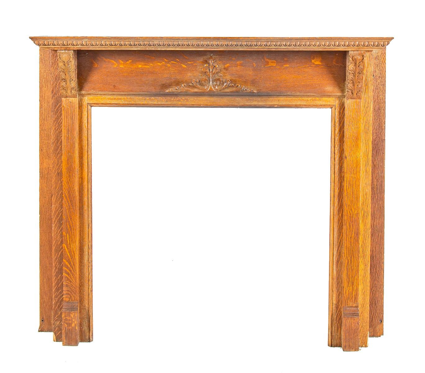 hard to find 19th century salvaged chicago quartered oak wood fireplace mantel with unusually large firebox opening