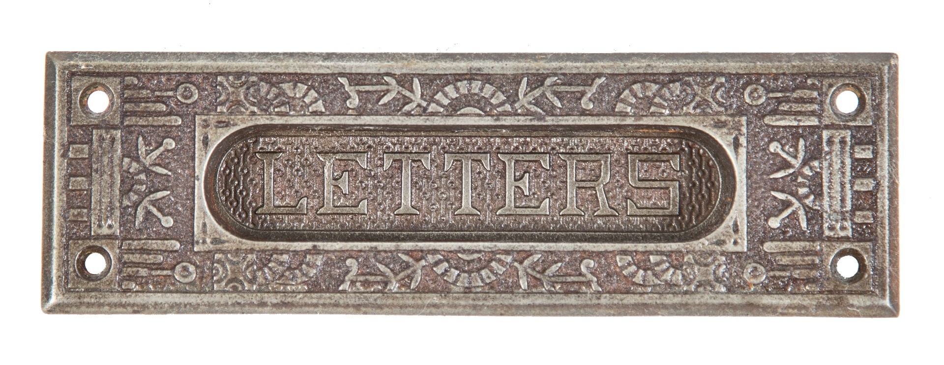 original and fully functional refinished cast iron "windsor" pattern residential "letters" mailslot by reading hardware company