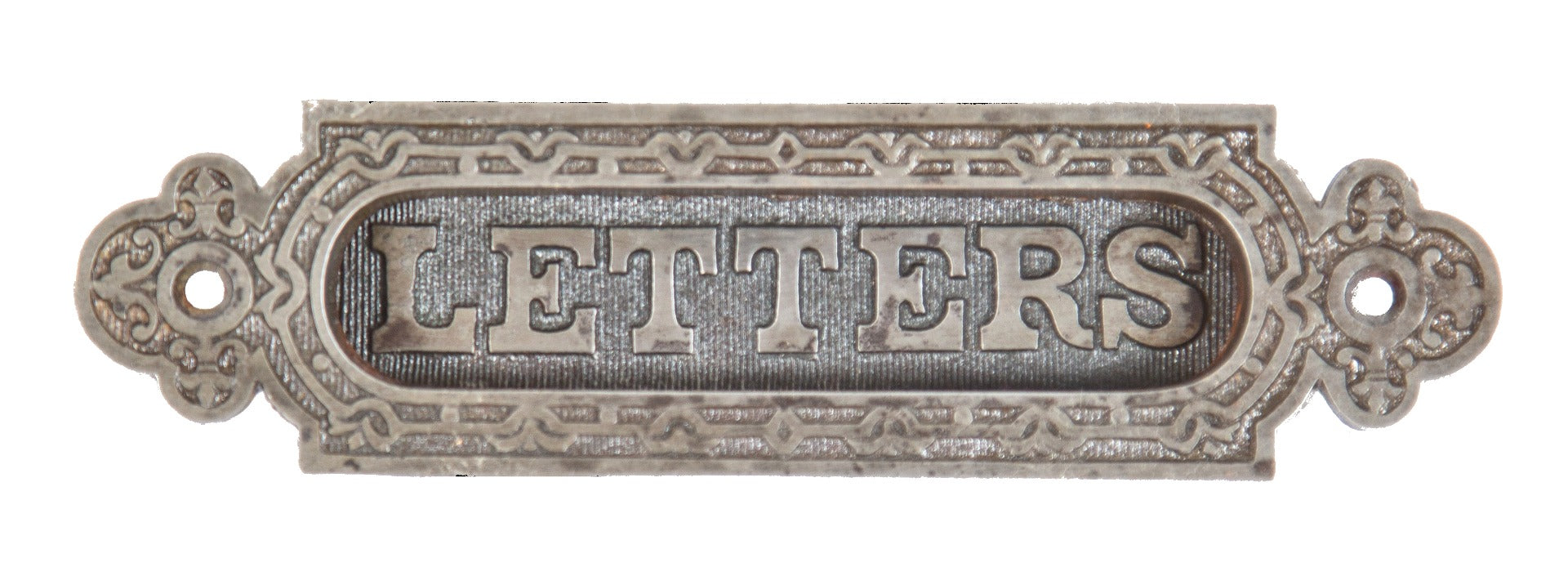 fanciful 19th century salvaged chicago ornamental cast iron "letters" entrance door mail slot with hinged flap