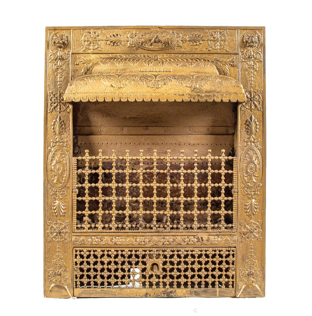 rare all original and fully functional 19th century salvaged chicago interior residential fireplace "lion gas grate"
