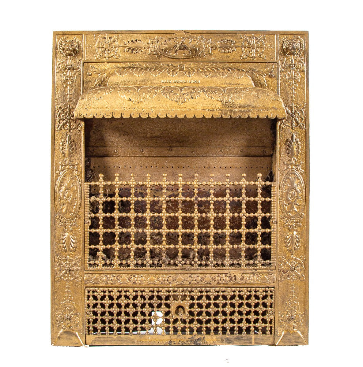 rare all original and fully functional 19th century salvaged chicago interior residential fireplace "lion gas grate"