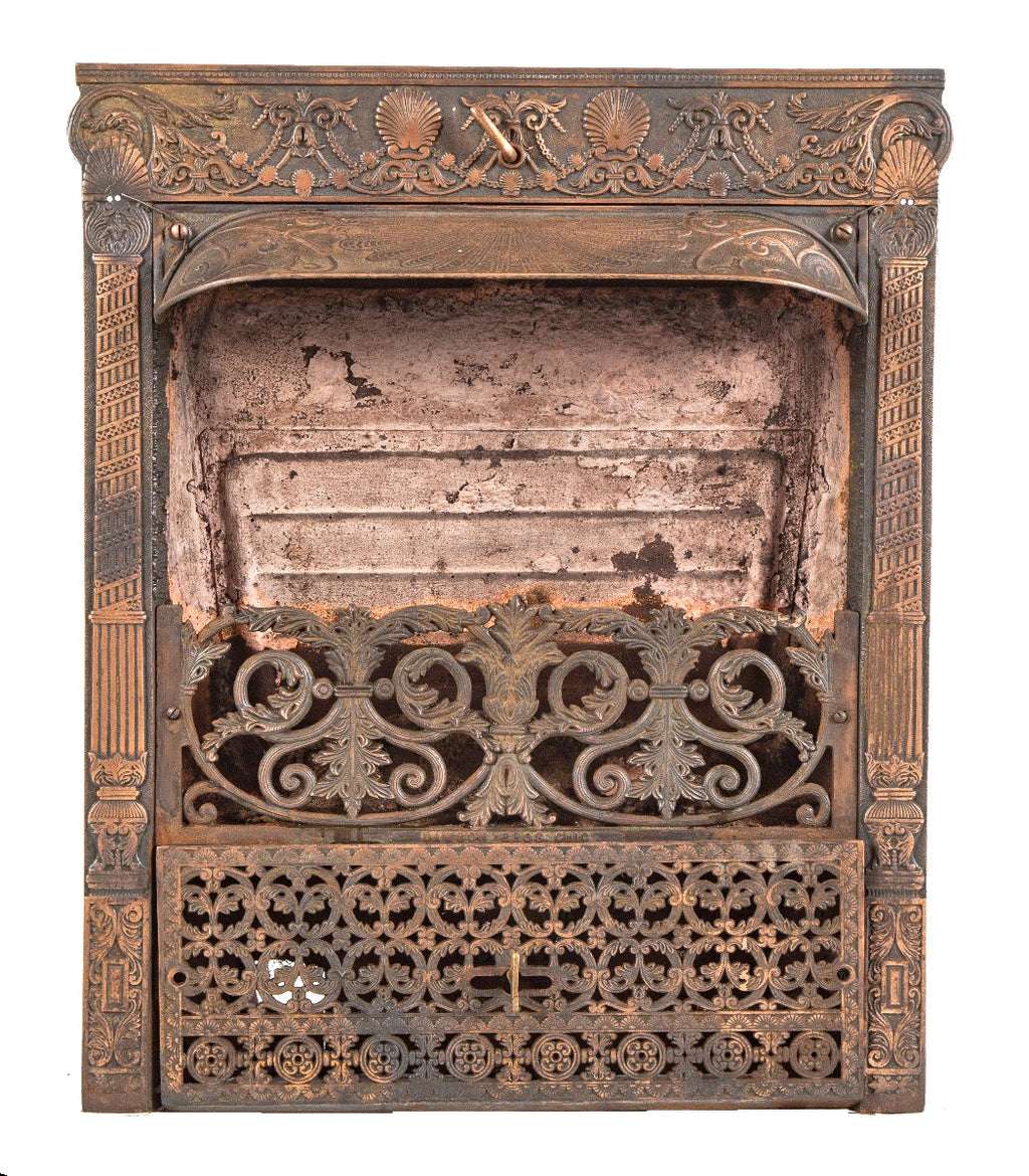 exceptional all original 19th century salvaged chicago dawson brothers residential fireplace gas insert with copper-plated finish