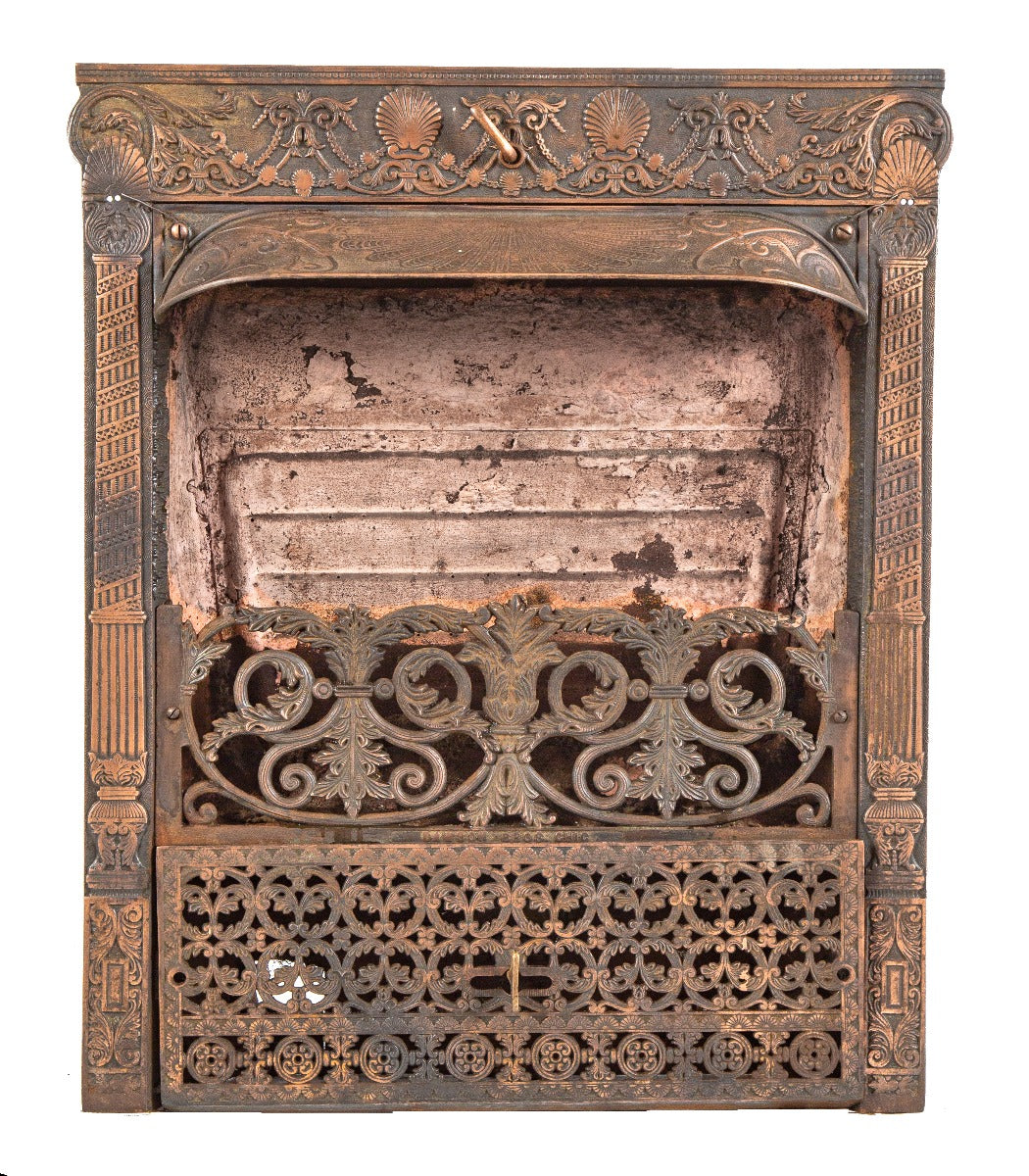 exceptional all original 19th century salvaged chicago dawson brothers residential fireplace gas insert with copper-plated finish