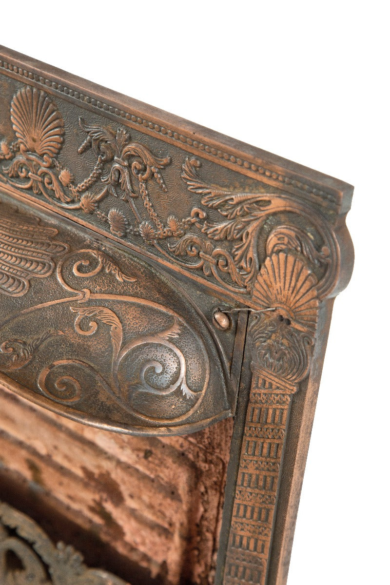 exceptional all original 19th century salvaged chicago dawson brothers residential fireplace gas insert with copper-plated finish