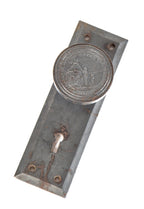 original antique american salvaged city of detroit emblematic school doorknob with matching backplate