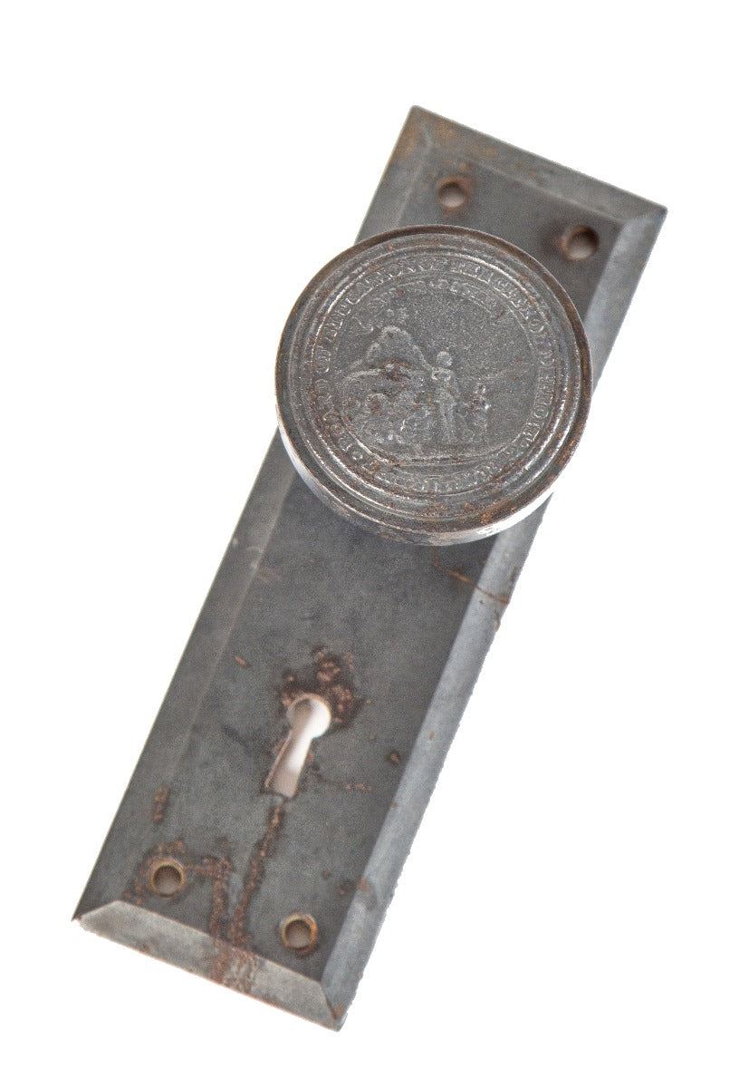 original antique american salvaged city of detroit emblematic school doorknob with matching backplate