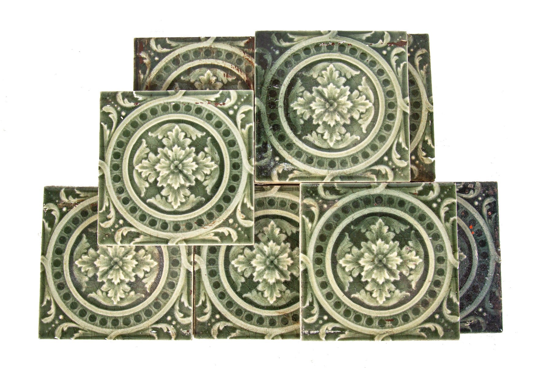 lot of matching 19th century salvaged chicago antique victorian-era interior residential trent fireplace tiles with allover crazed finish
