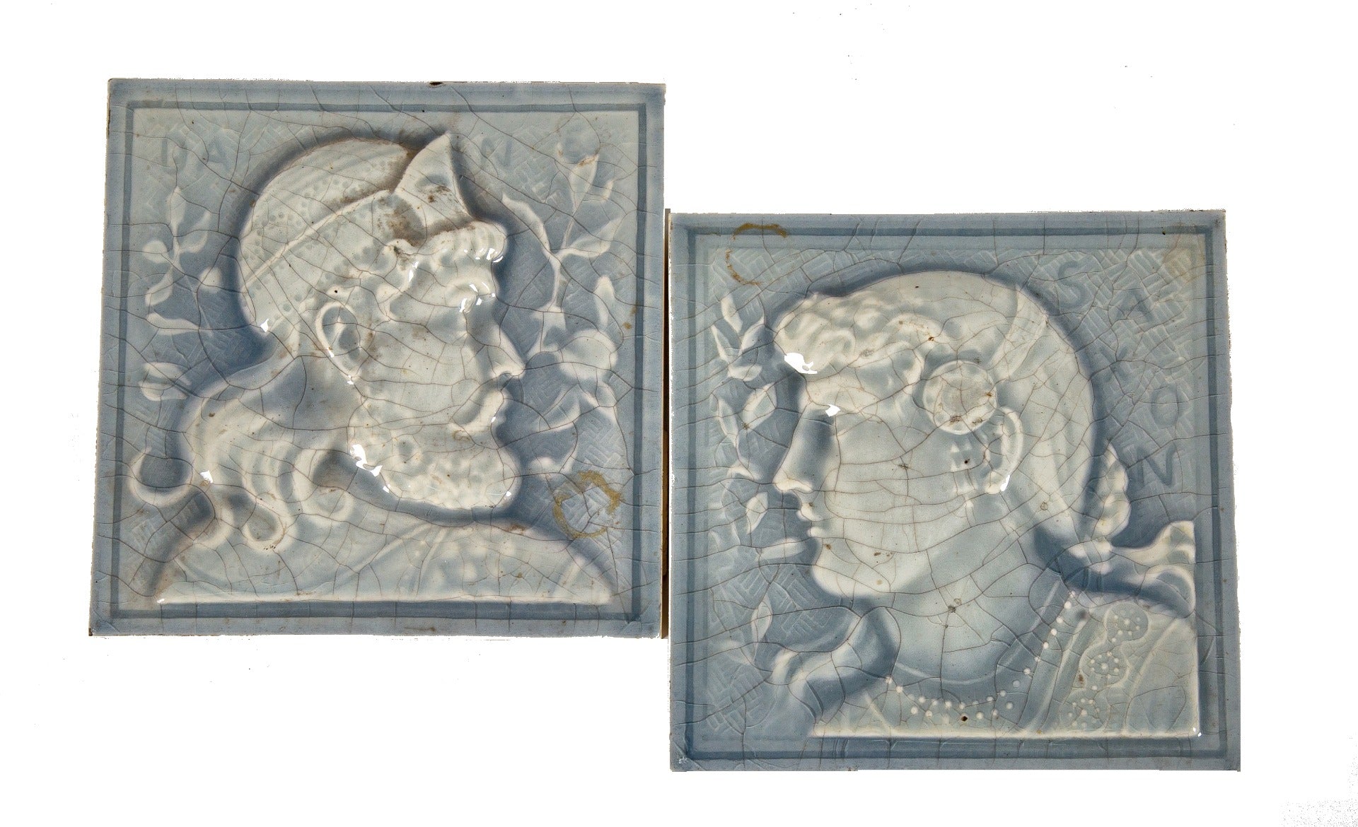 hard to find 19th century antique american "dane" and "saxon" figural tile set with richly mottled light blue finish