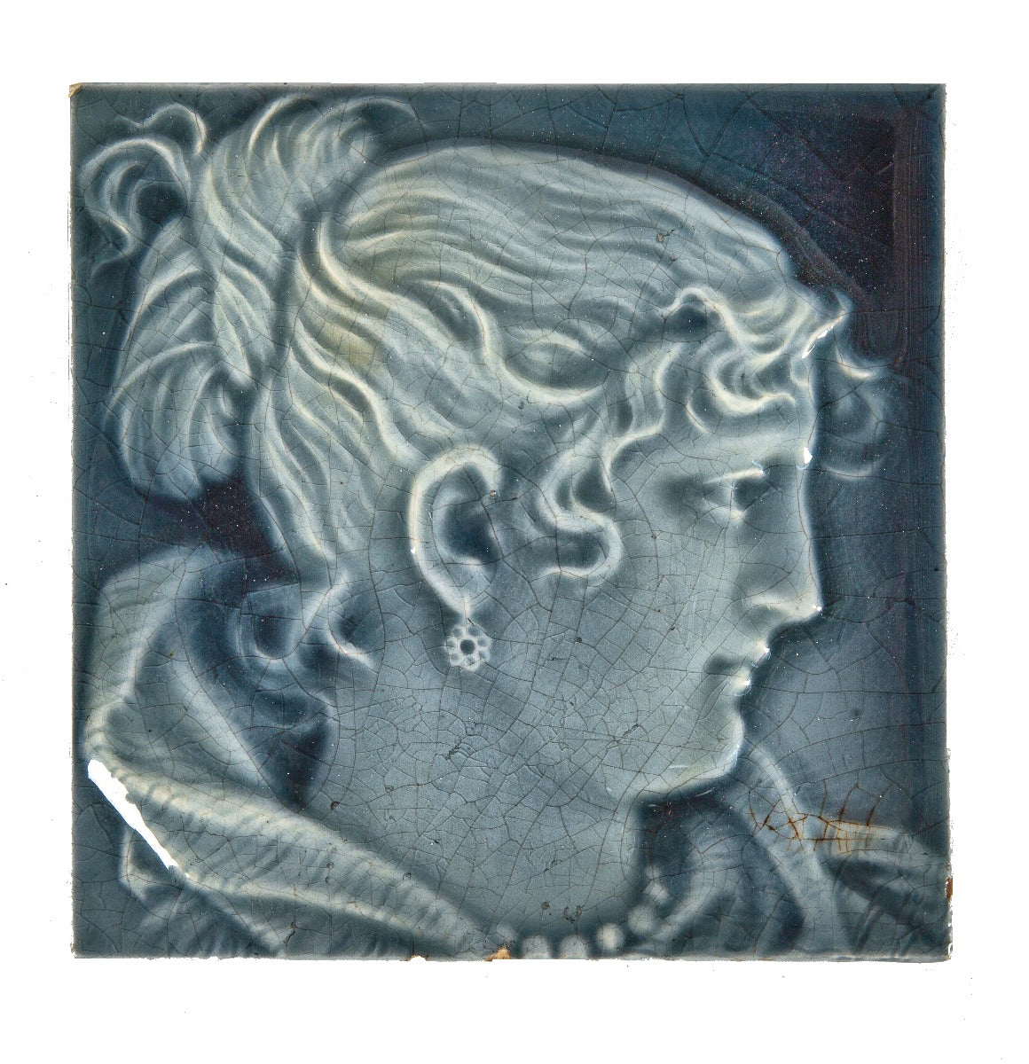 original 19th century antique american salvaged chicago peacock blue majolica glazed figural fireplace tile