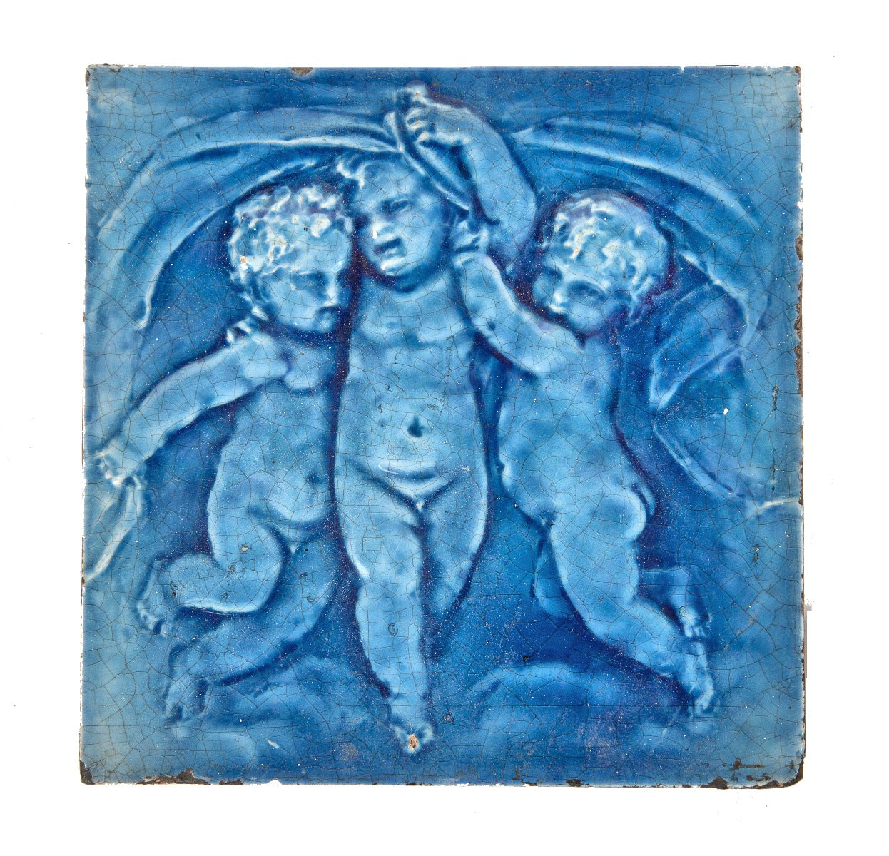 single all original 19th century salvaged chicago figural fireplace majolica tile featuring three cherubs