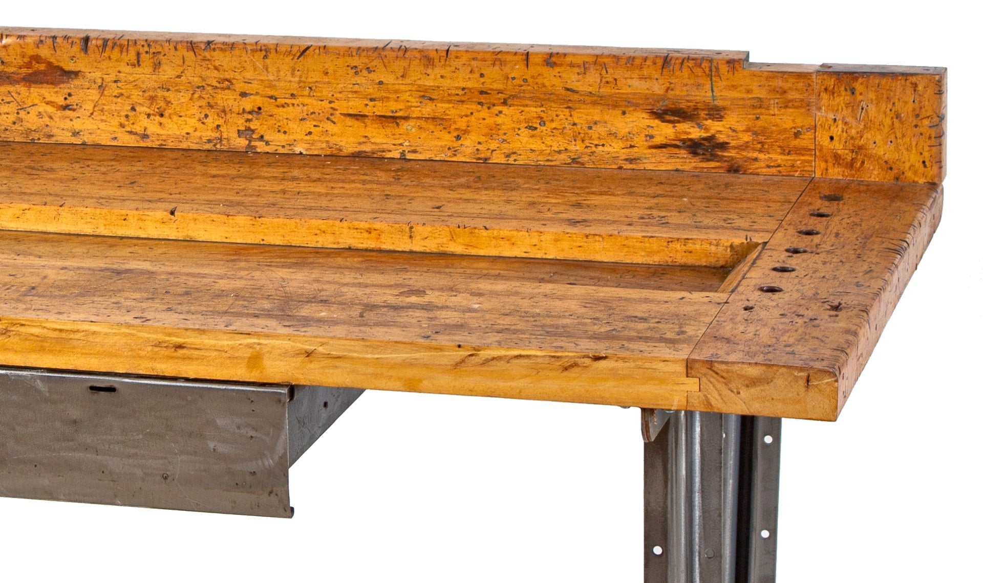 completely refinished early 20th century rock hard maple wood workbench with brushed steel lyon bases