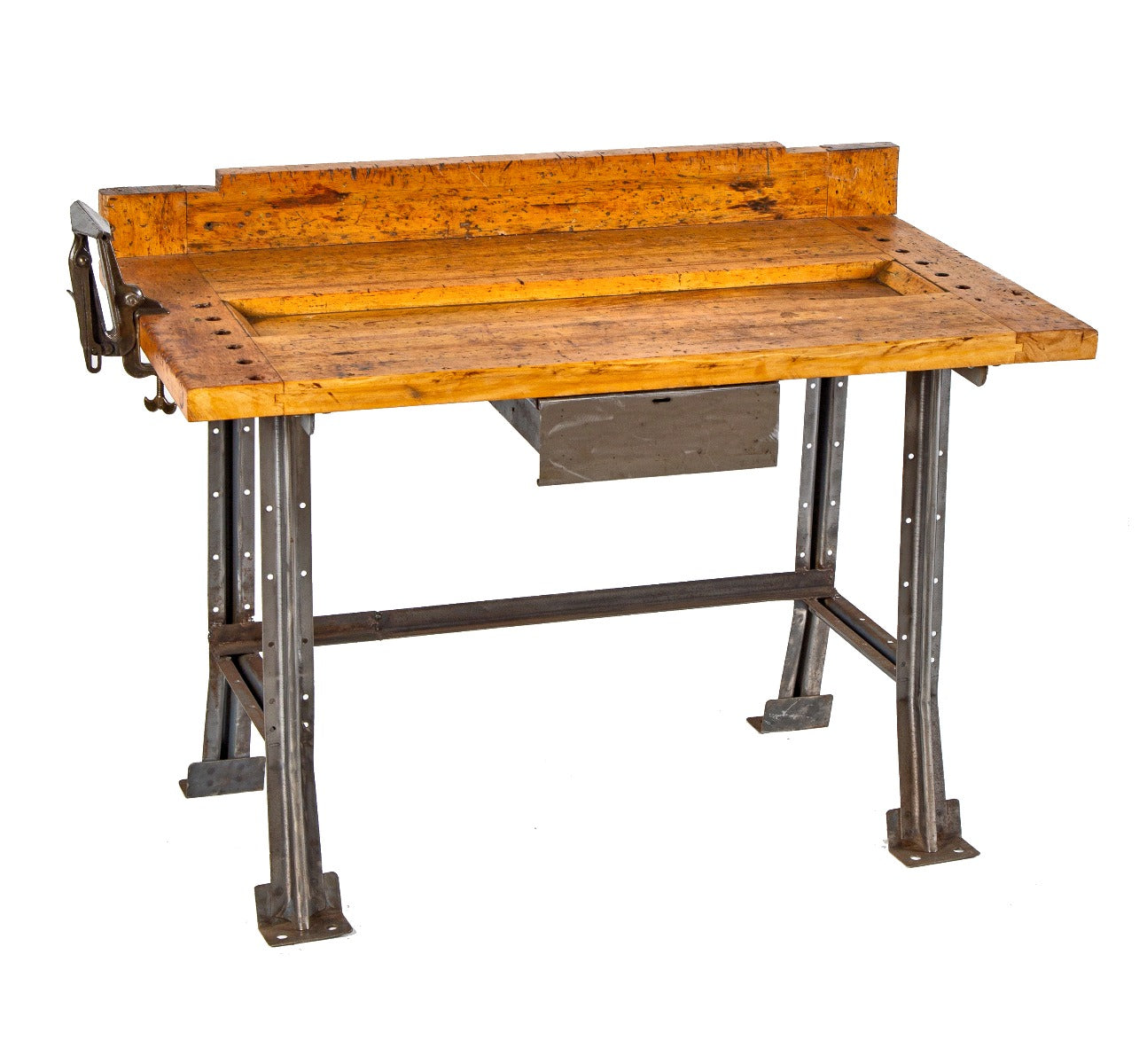completely refinished early 20th century rock hard maple wood workbench with brushed steel lyon bases