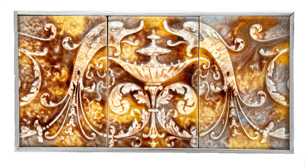 hard to find original salvaged chicago 19th century american victorian custom-framed majolica fireplace tiles with winged dragons