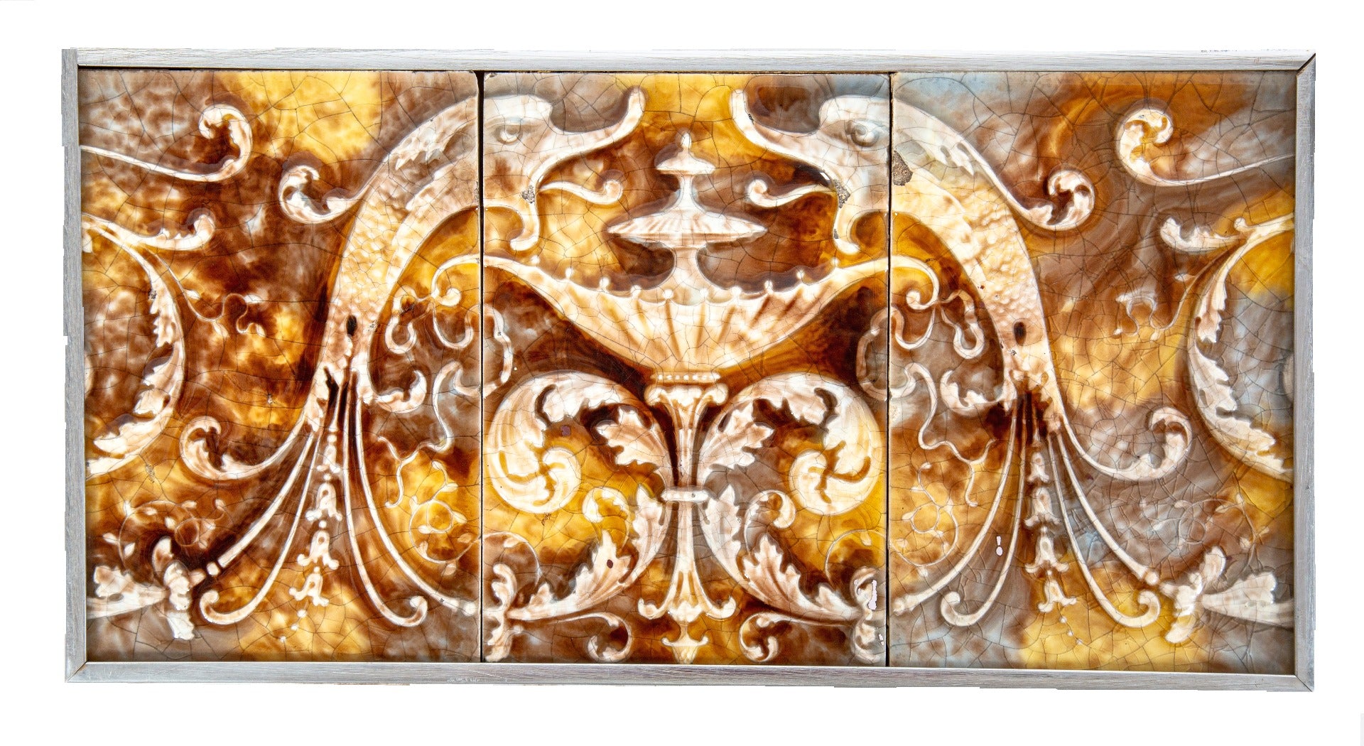 hard to find original salvaged chicago 19th century american victorian custom-framed majolica fireplace tiles with winged dragons