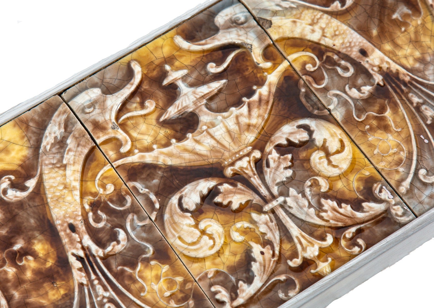 hard to find original salvaged chicago 19th century american victorian custom-framed majolica fireplace tiles with winged dragons