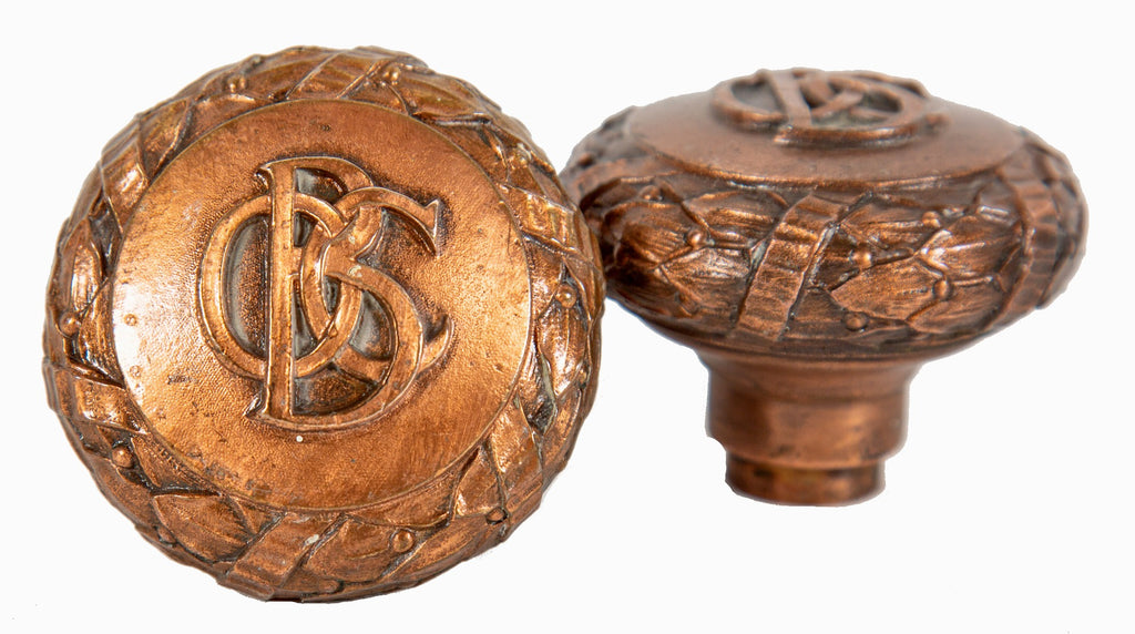 rare original lobby floor copper-plated old colony building monogrammed doorknobs with nicely aged patina