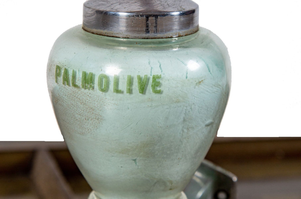 well-maintained american art deco wall-mount original commercial building lavatory "palmolive" soap dispenser