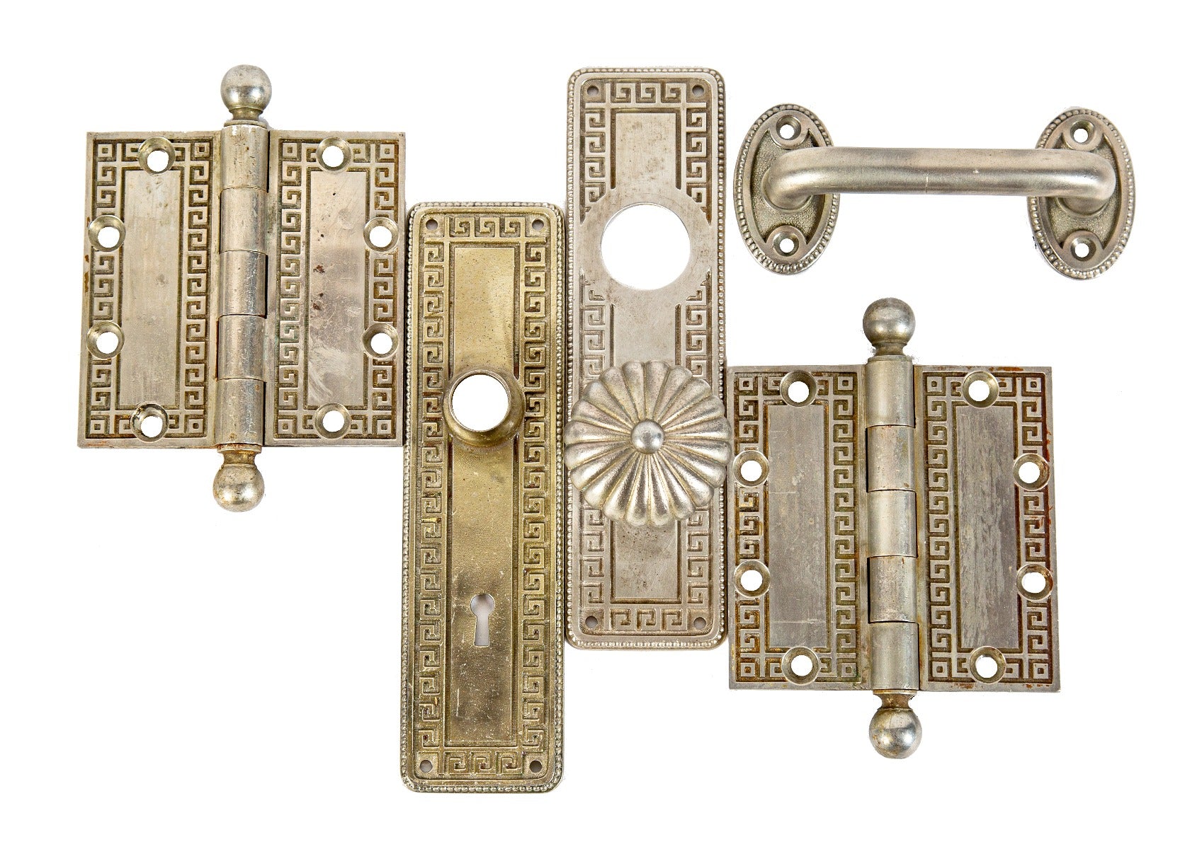 historically important custom-designed ornamental cast bronze marquette building interior door hardware with "german silver" finish