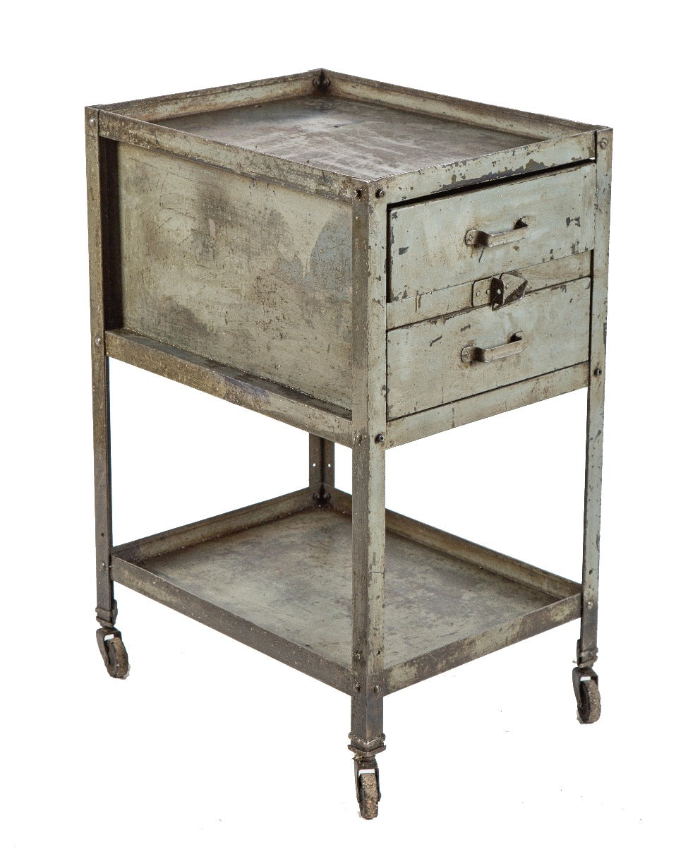 one of two nearly identical vintage american industrial salvaged chicago two-drawer lyon tool stands or cabinets