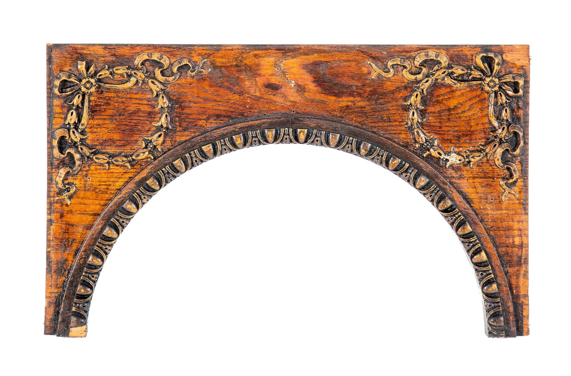 highly stylized salvaged chicago varnished oak wood early 20th century door surround with archtop opening