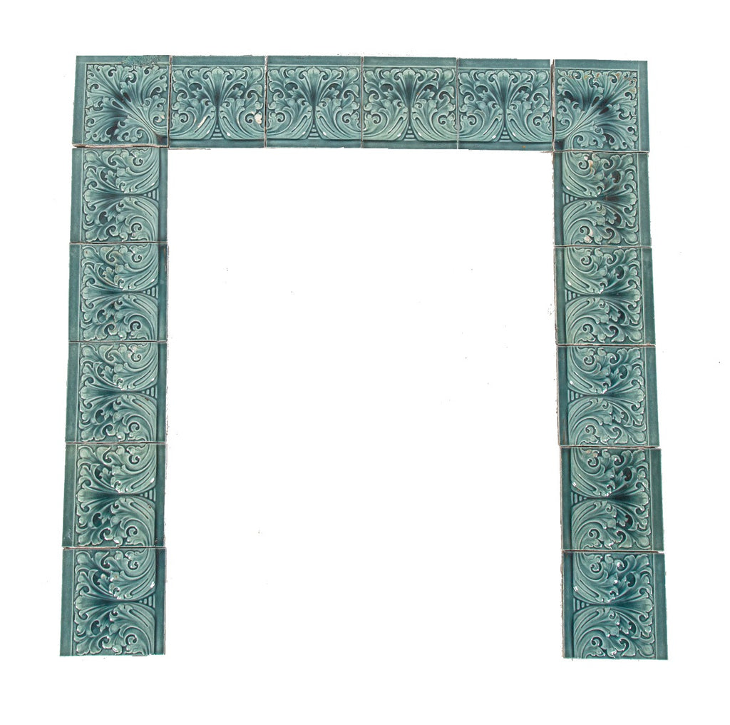 striking all original 19th century antique american uniquely-shaped richly colored blue majolica tile fireplace surround