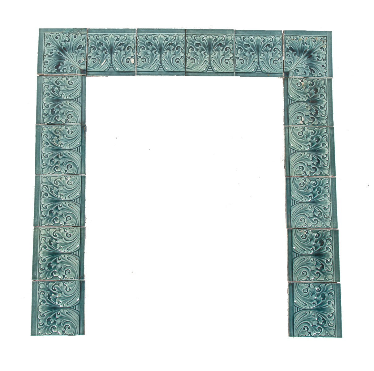 striking all original 19th century antique american uniquely-shaped richly colored blue majolica tile fireplace surround