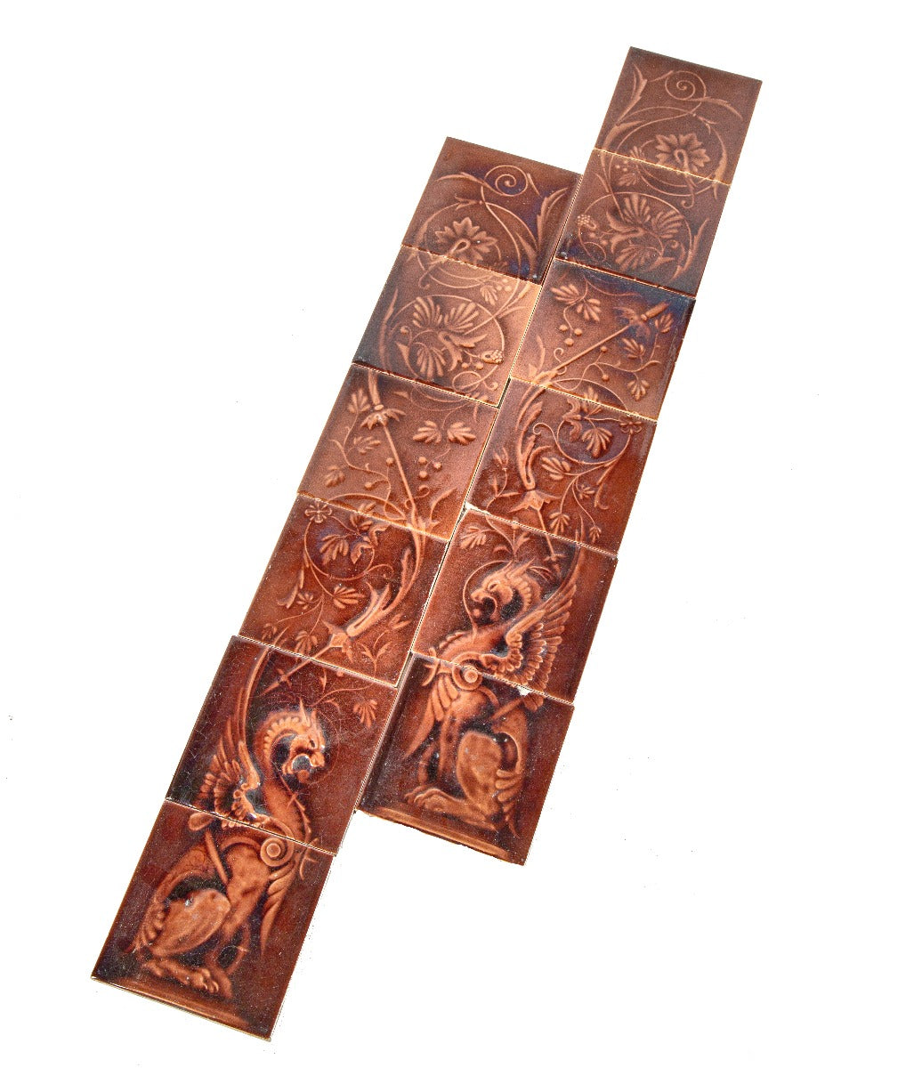 19th century salvaged chicago reddish-brown american victorian residential fireplace tile sets with winged dragons