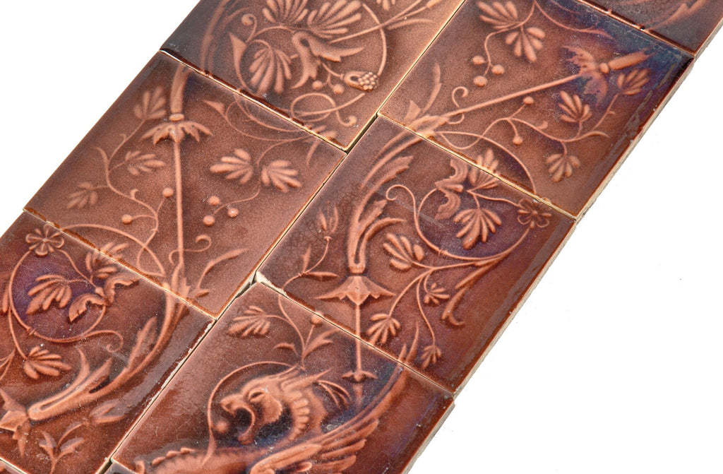 19th century salvaged chicago reddish-brown american victorian residential fireplace tile sets with winged dragons