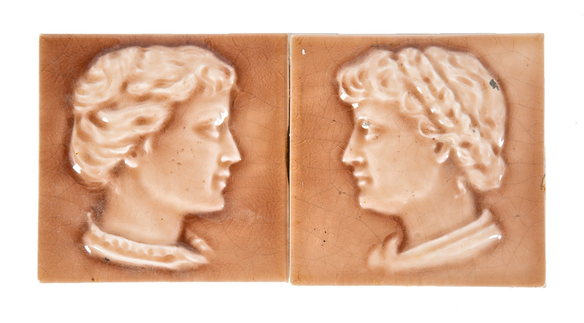 matching pair of hard to find salvaged chicago residential 4 x 4 inch majolica glazed fireplace figural tiles