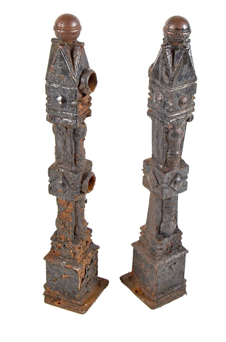 hard to find and highly sought after salvaged "chicago style" ornamental cast iron newel posts with ball top finials
