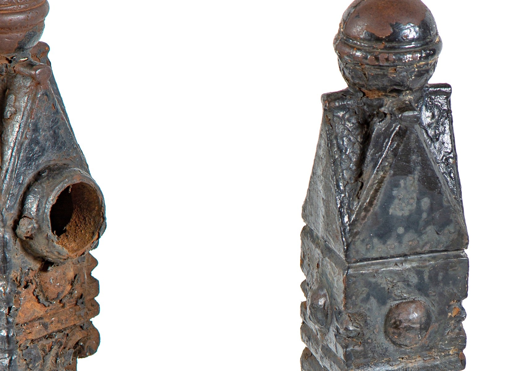 hard to find and highly sought after salvaged "chicago style" ornamental cast iron newel posts with ball top finials