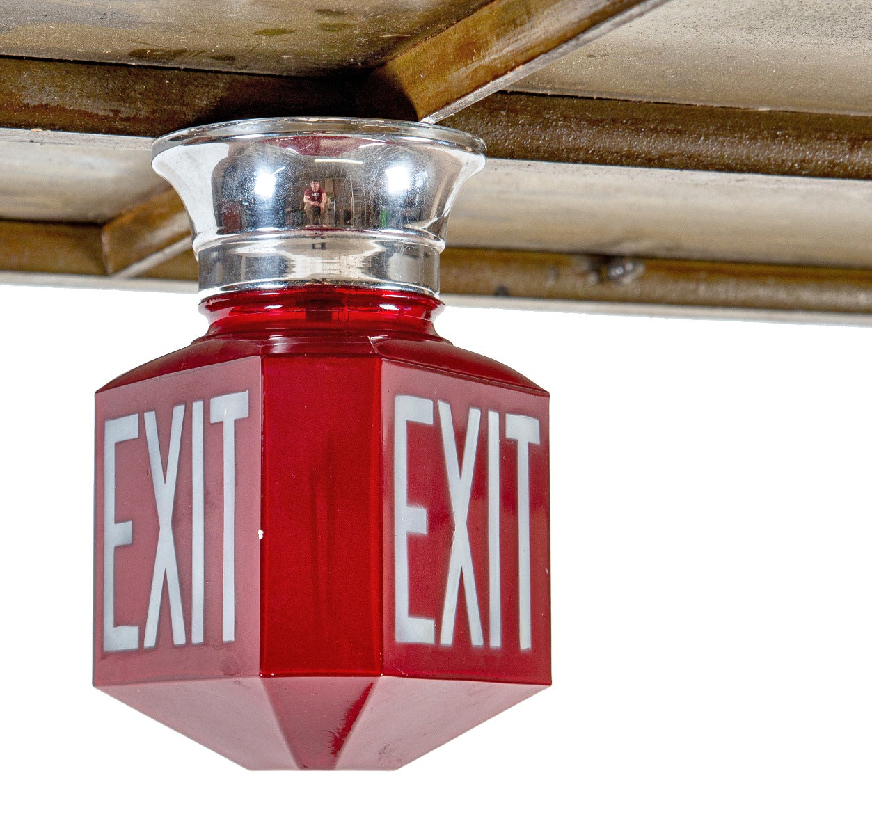 rare three-sided interior detroit commercial building 1930s three-sided ruby red exit light