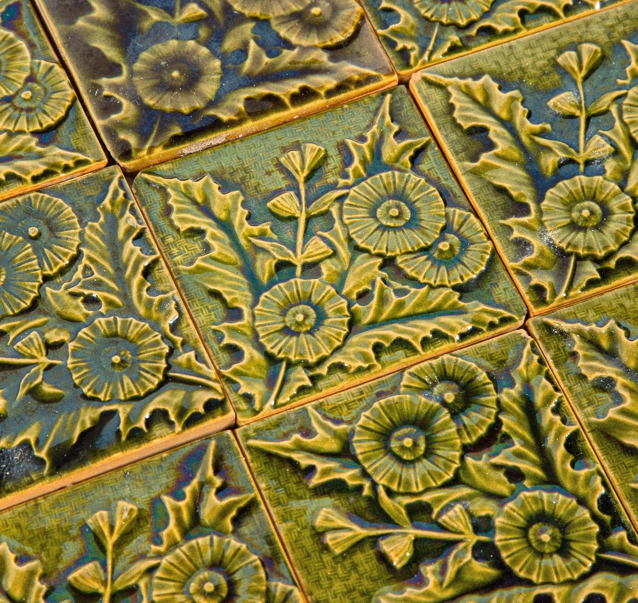 matching set of 8 original 19th century of multicolored dark green salvaged chicago holly pattern tiles