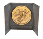 seldom found 19th century original and intact three-sided salvaged chicago fireback with figural circular medallion