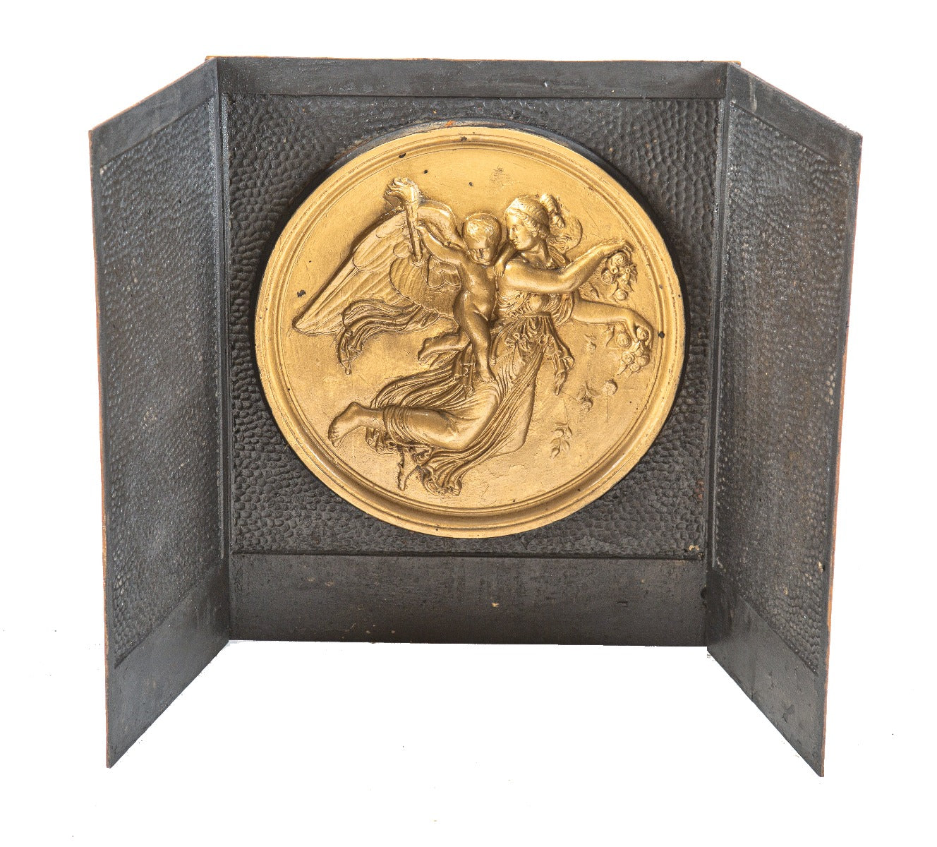 seldom found 19th century original and intact three-sided salvaged chicago fireback with figural circular medallion