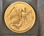 seldom found 19th century original and intact three-sided salvaged chicago fireback with figural circular medallion